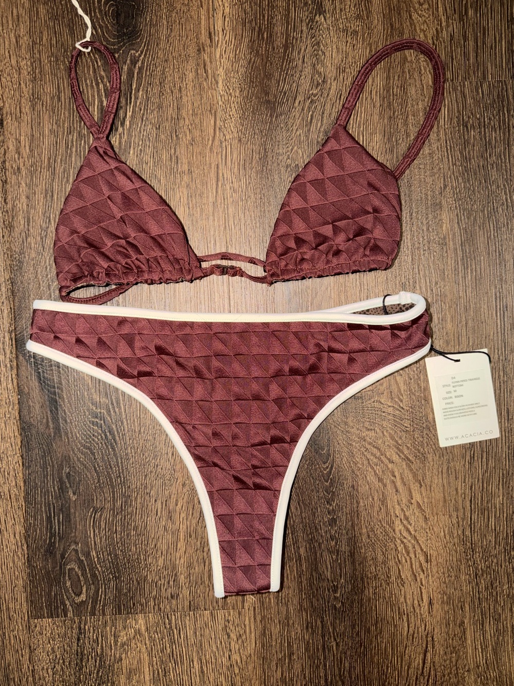 acacia swimwear Maroon Bikini Set with White Trim
